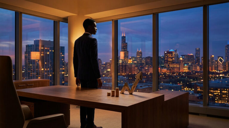 Homme d'affaires en costume regardant une ville illuminée depuis son bureau, avec piles de pièces et flèche de croissance sur le bureau.