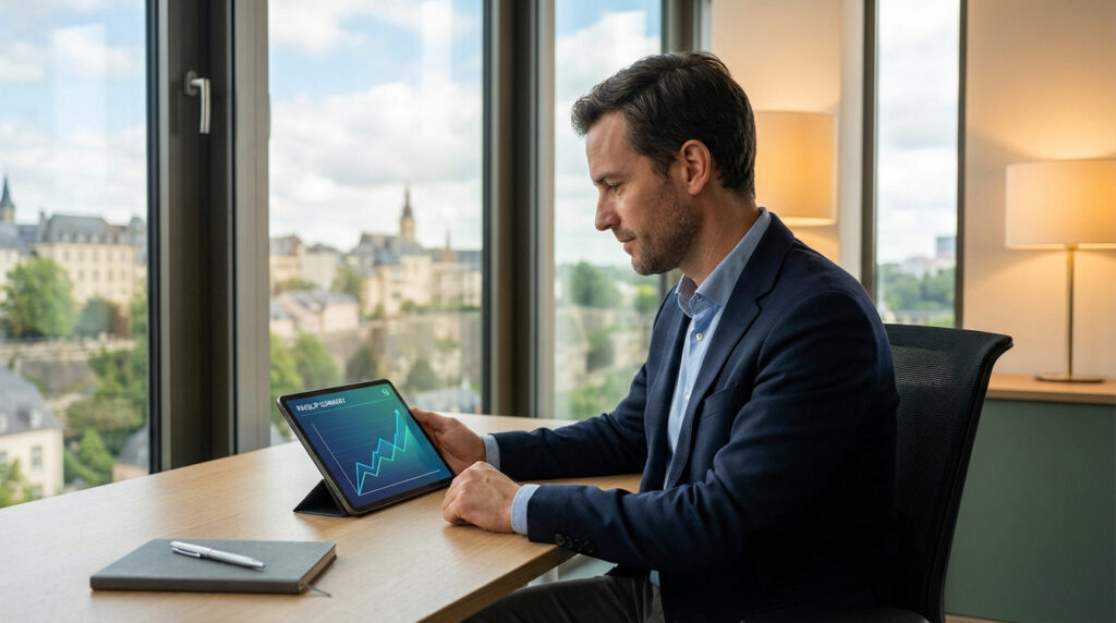 Un homme en costume analyse un graphique de croissance sur tablette, avec une vue sur la ville de Luxembourg en arrière-plan.