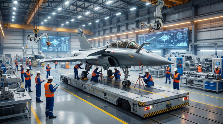 Avion Rafale en cours d'assemblage dans une usine moderne, entouré d'ingénieurs et de robots. Écrans affichent des données techniques.