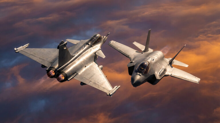 Deux avions de chasse, un Dassault Rafale et un Lockheed Martin F-35, volent dans un ciel dramatique au crépuscule.