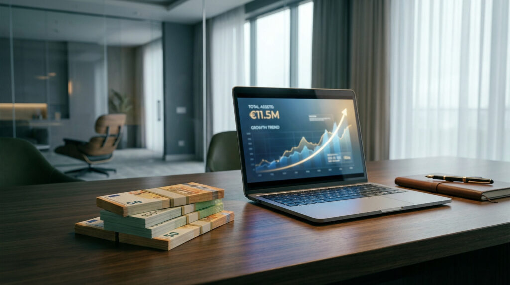 Ordinateur portable affichant 11,5 M€ d'actifs et liasses de billets en euros sur un bureau moderne. Croissance financière.