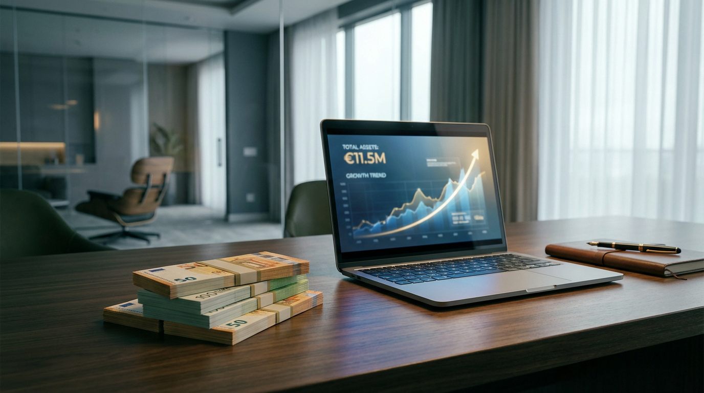 Ordinateur portable affichant 11,5 M€ d'actifs et liasses de billets en euros sur un bureau moderne. Croissance financière.