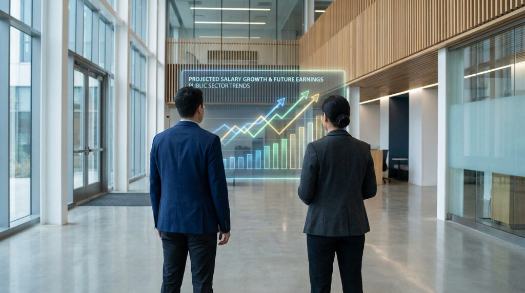 Deux cadres regardant une projection holographique des tendances salariales du secteur public, croissance future.
