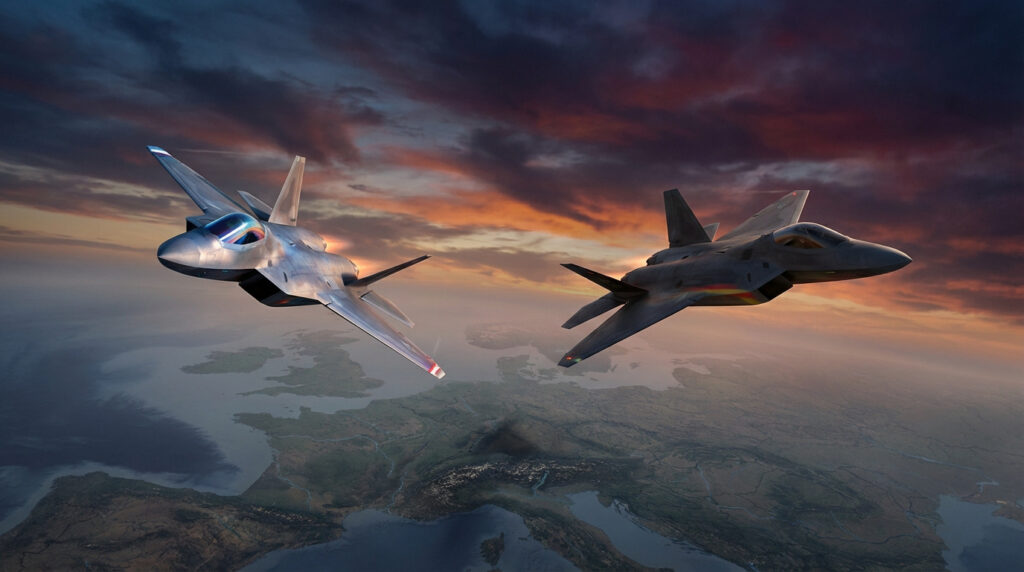 Deux avions de combat furtifs survolent l'Europe au coucher du soleil, illustrant le projet d'avion européen.