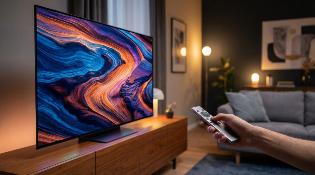 Main tenant une télécommande devant une télévision moderne affichant une image abstraite colorée dans un salon.