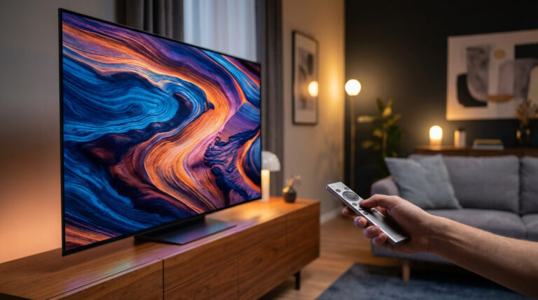 Main tenant une télécommande devant une télévision moderne affichant une image abstraite colorée dans un salon.