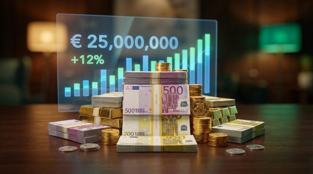 Piles de billets en euros, lingots d'or, pièces d'or et écran affichant "€ 25,000,000" et "+12%" avec un graphique de croissance.