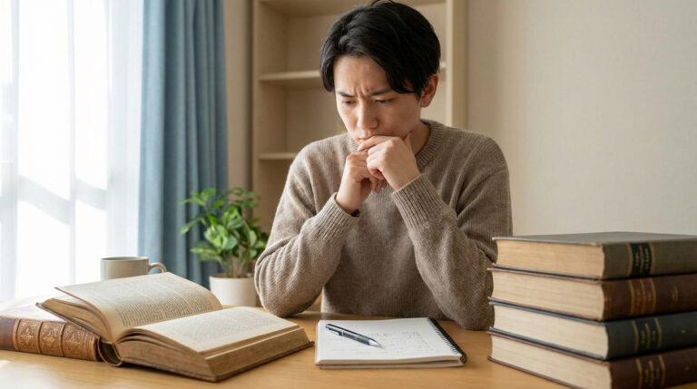 Un étudiant concentré, mains sous le menton, devant des livres ouverts et un cahier, en pleine révision. Lumière douce.