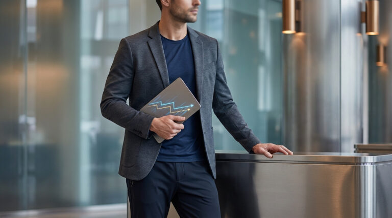 Homme en blazer tenant un ordinateur portable avec des graphiques de croissance. Cadre professionnel moderne en arrière-plan.