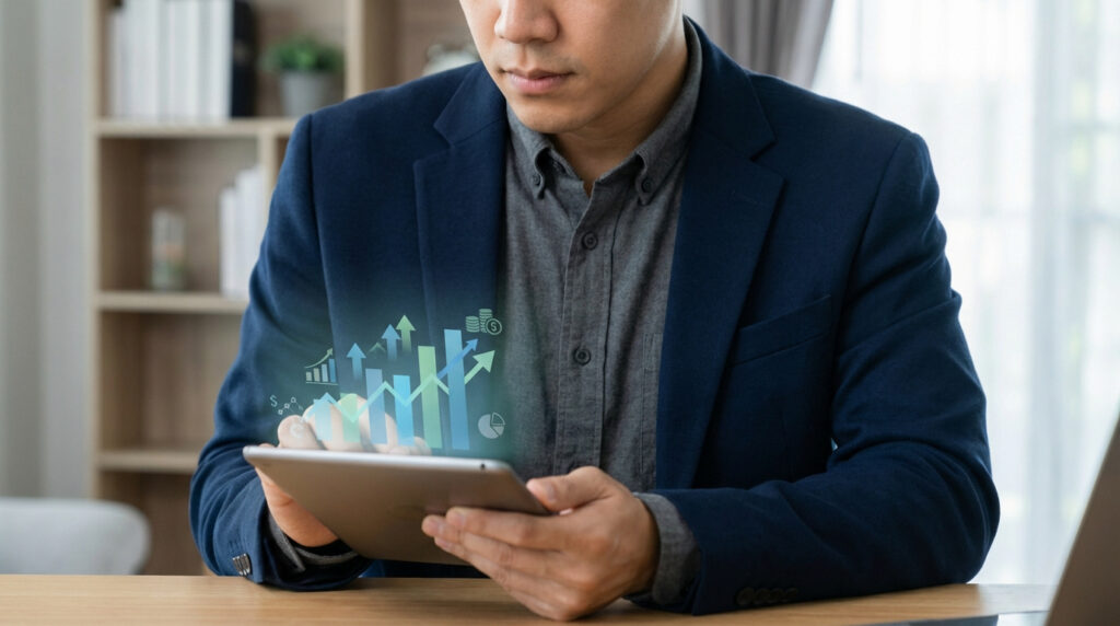 Un homme analyse des données financières de croissance sur une tablette, symbolisant l'évolution du Smic en Algérie pour 2026.