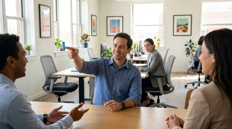 Quatre personnes dans un bureau moderne et lumineux. Un homme souriant pointe du doigt, d'autres écoutent et observent.