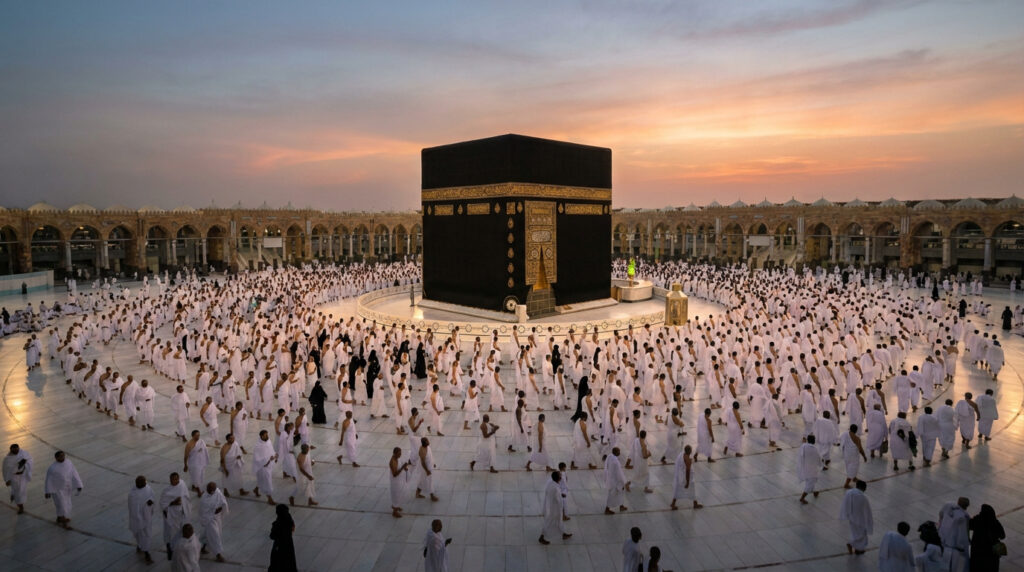 Vue aérienne de la Kaaba noire à La Mecque, entourée de milliers de pèlerins en vêtements blancs effectuant le Tawaf au coucher du soleil.