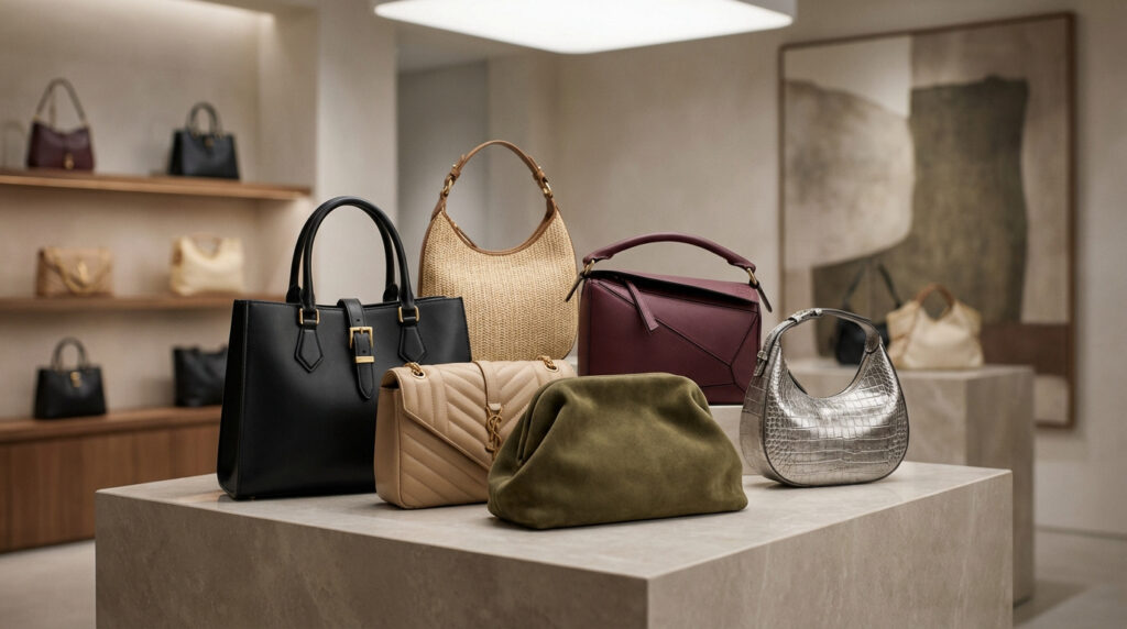 Un assortiment de sacs à main de luxe variés (fourre-tout, besace, pochette) est exposé dans une boutique moderne.