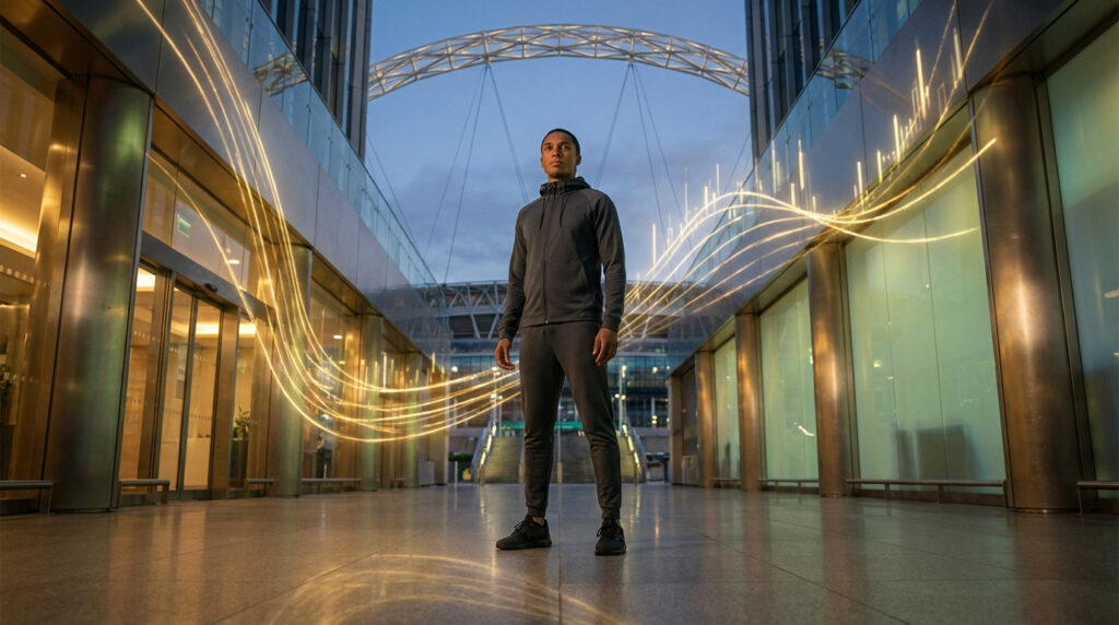 Jeune homme en tenue de sport sombre, debout dans un hall moderne avec des flux lumineux dorés et l'arche de Wembley en arrière-plan.