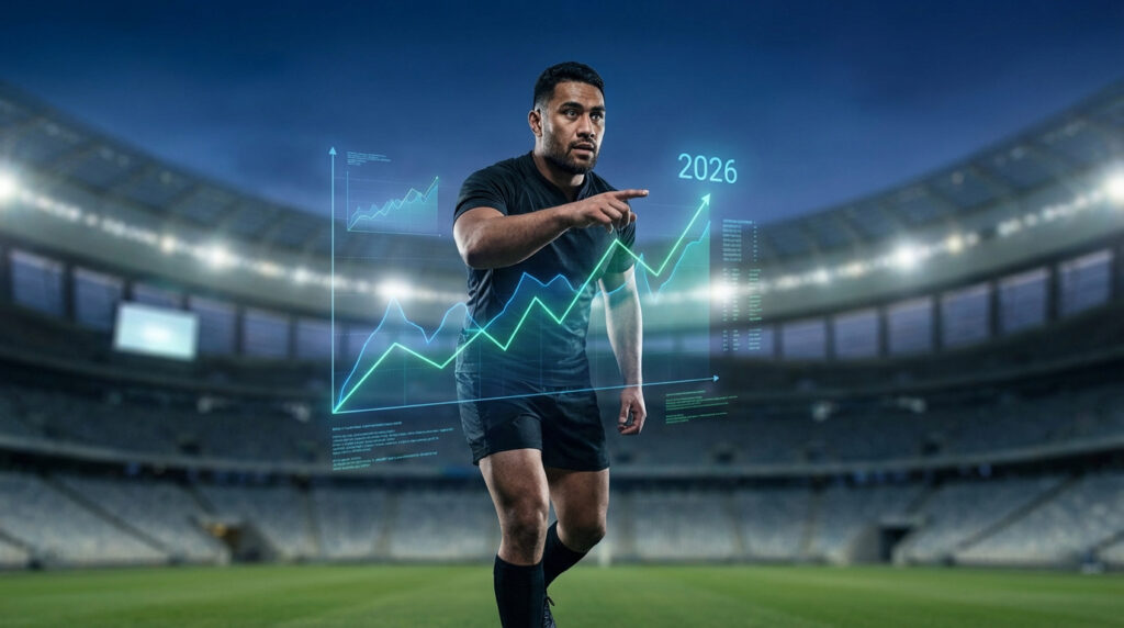 Image d'un joueur de rugby dans un stade pointant vers un graphique financier ascendant affichant 2026, symbolisant la croissance des revenus.