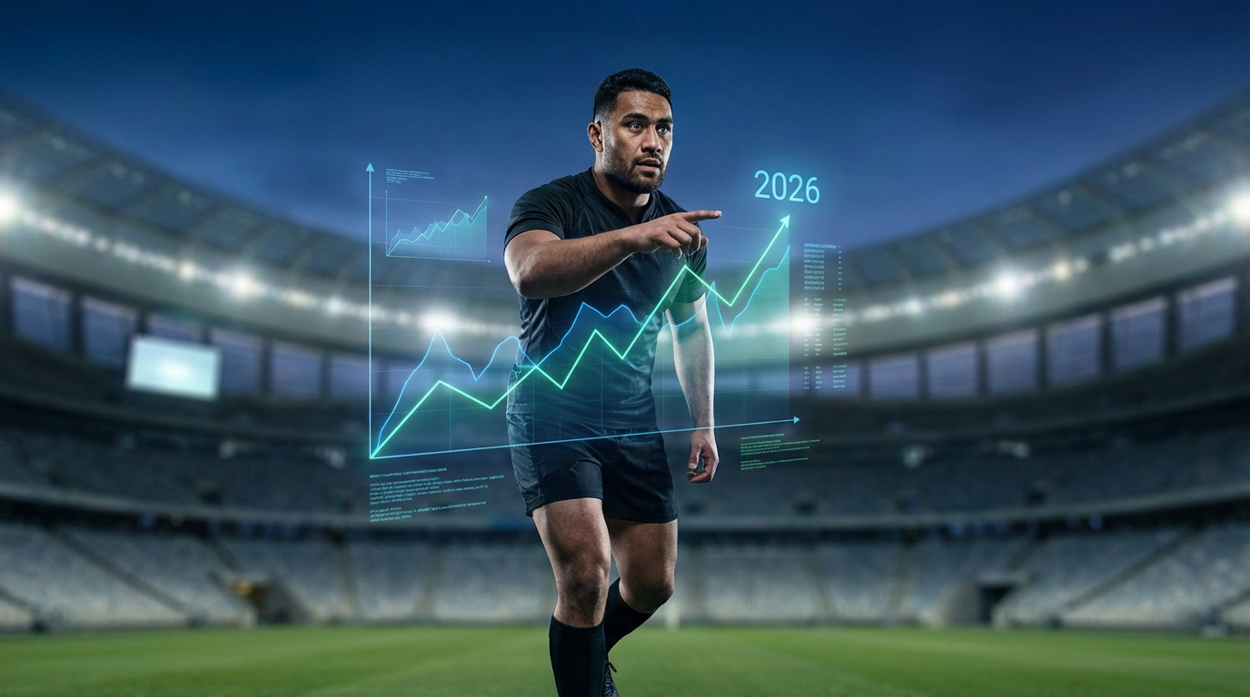Image d'un joueur de rugby dans un stade pointant vers un graphique financier ascendant affichant 2026, symbolisant la croissance des revenus.