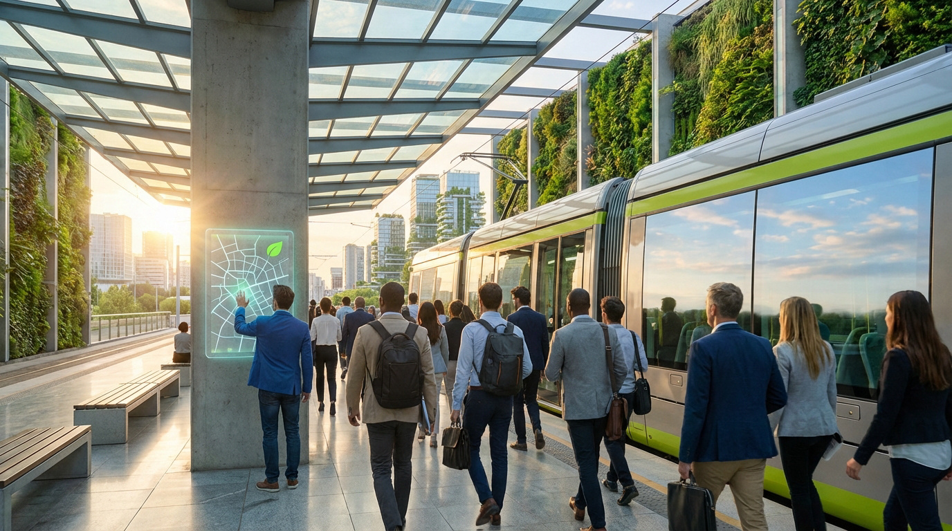 Personnes montant dans un tram moderne à une station verte, avec écran interactif et murs végétaux, symbolisant la mobilité durable.
