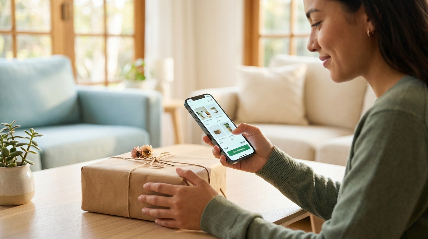 Femme souriante utilisant un smartphone pour gérer des ventes sur une marketplace, à côté d'un colis emballé pour l'envoi.
