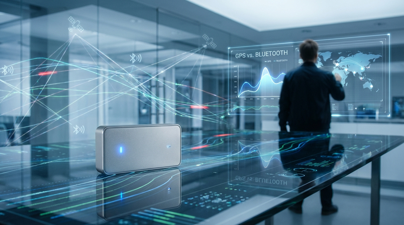 Un homme dans un bureau moderne visualise des données GPS et Bluetooth sur un grand écran interactif, avec un appareil connecté en premier plan.