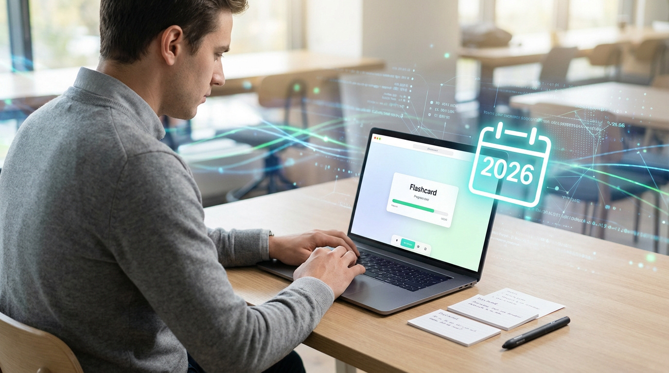 Homme étudiant avec un ordinateur portable affichant une application Flashcard, superposée d'un calendrier 2026 et de données.