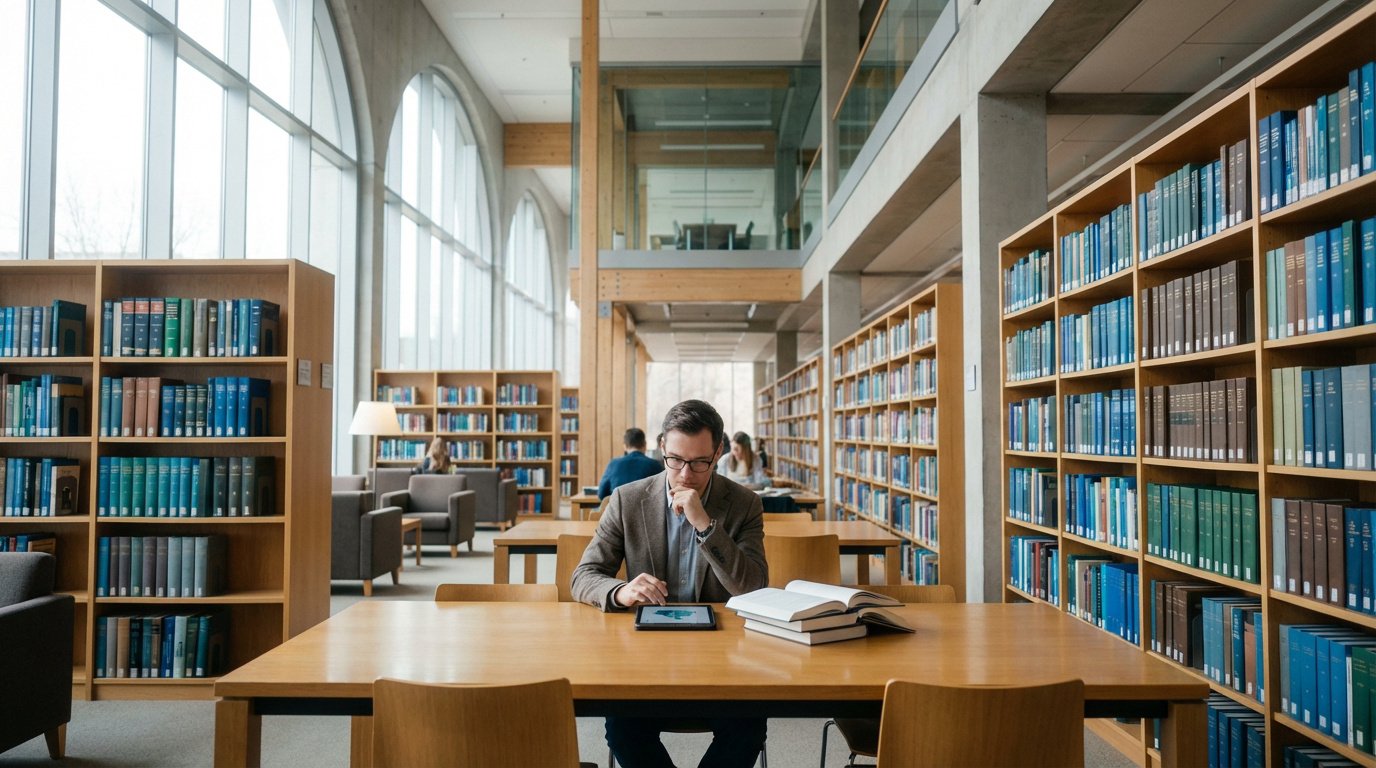 Un homme étudie avec une tablette et des livres dans une bibliothèque lumineuse et moderne. Des étagères de livres s'étendent à perte de vue.