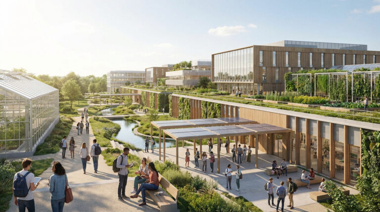 Un campus agro-universitaire moderne et verdoyant, intégrant serres, toits végétalisés, bâtiments en bois et étudiants.