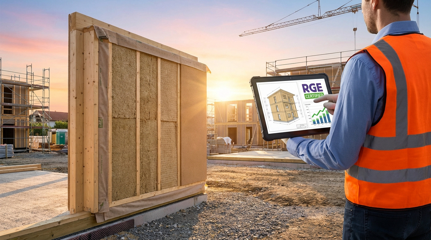Un ouvrier sur un chantier de construction en bois, utilisant une tablette pour visualiser un plan 3D et des données de projet RGE au coucher du soleil.