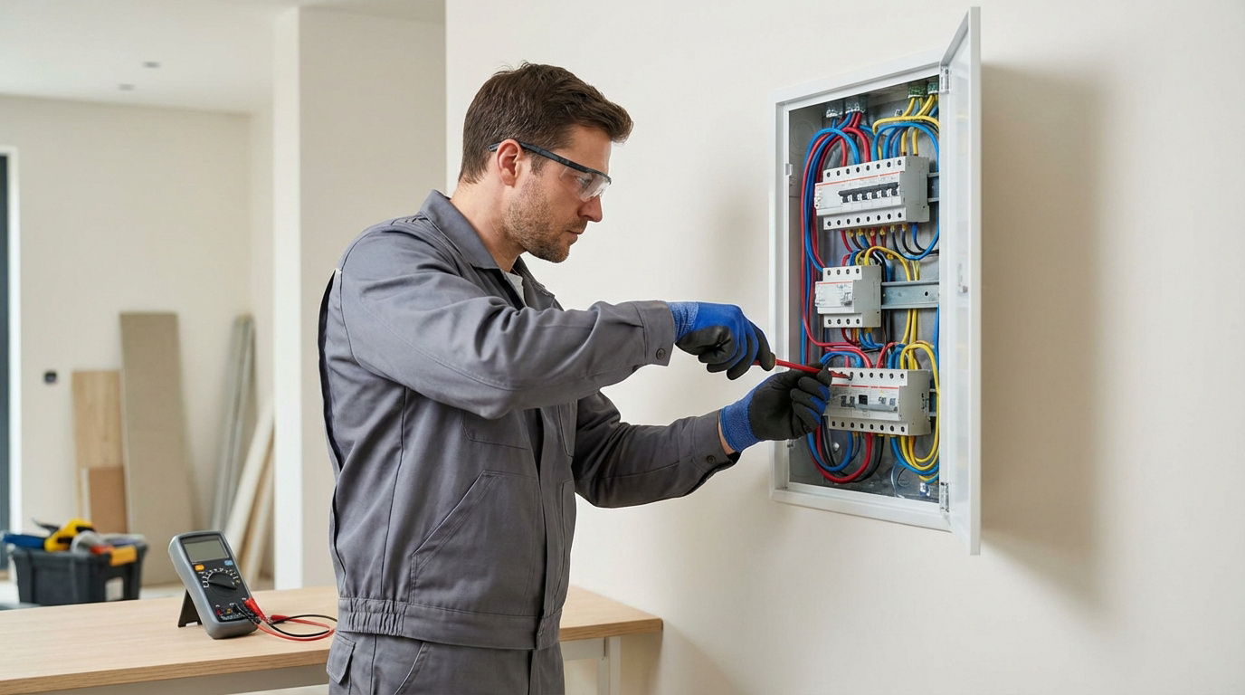 Un électricien en tenue de travail, lunettes de sécurité et gants, raccordant un tableau électrique avec un tournevis.