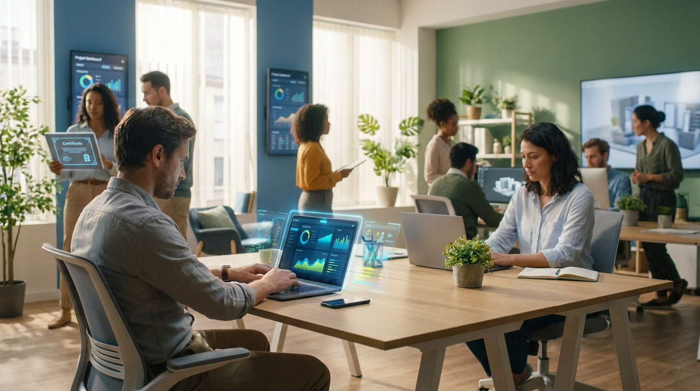 Professionnels divers travaillant dans un bureau moderne avec technologie avancée. Un homme utilise un laptop avec données holographiques; une femme brandit un certificat.