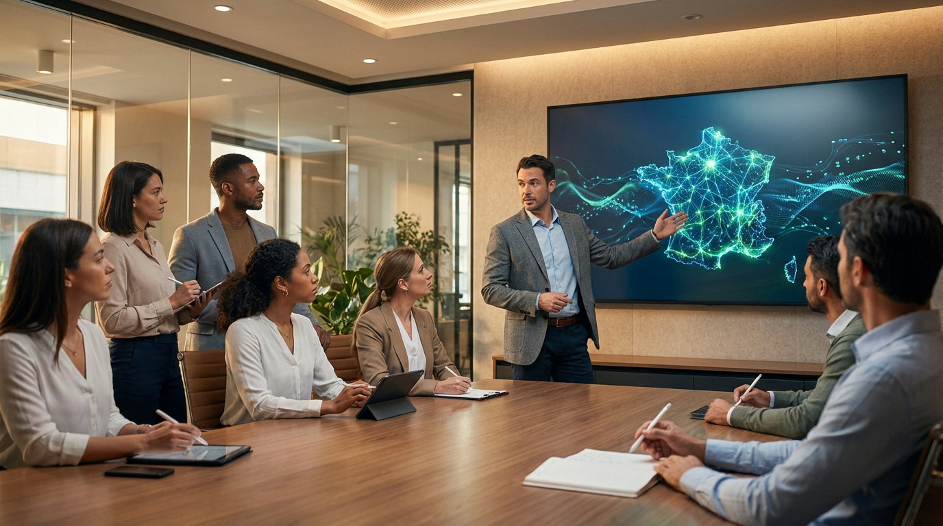 Réunion d'affaires : un présentateur montre une carte numérique maillée de la France sur grand écran à des collaborateurs attentifs.