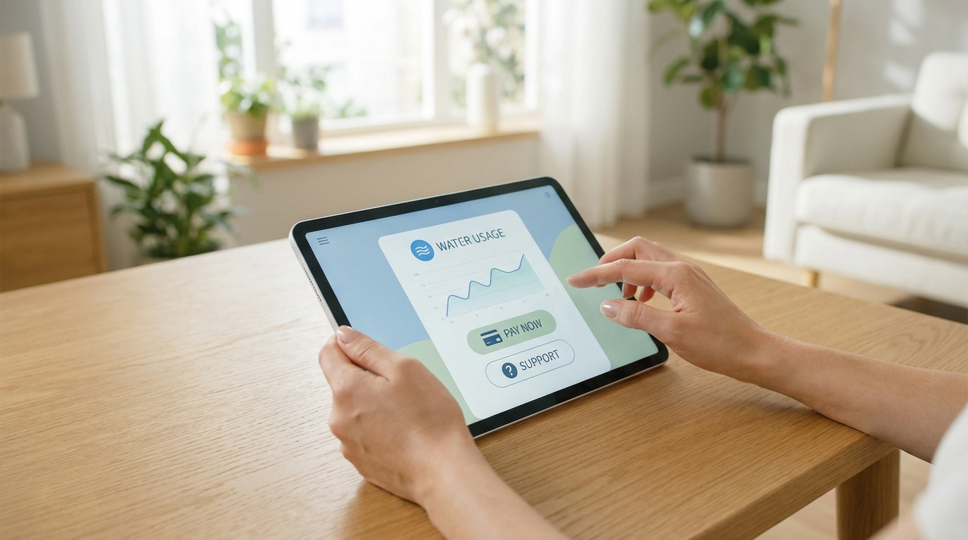 Gros plan sur des mains tenant une tablette affichant l'écran 'WATER USAGE' avec un graphique et les boutons 'PAY NOW' et 'SUPPORT', dans un intérieur lumineux.