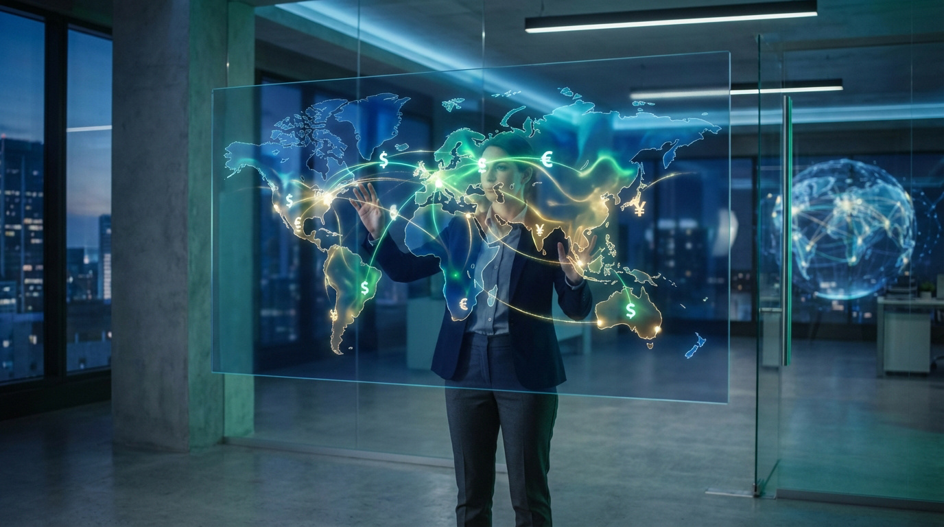 Femme interagit avec une carte du monde holographique affichant les flux financiers et symboles de devises mondiales.