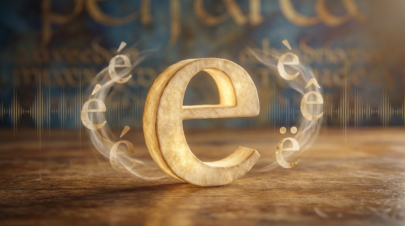 Image conceptuelle de la lettre 'e' avec ses accents (é, è, ê, ë) et ondes sonores, sur un fond de texte ancien. Représente la phonétique.