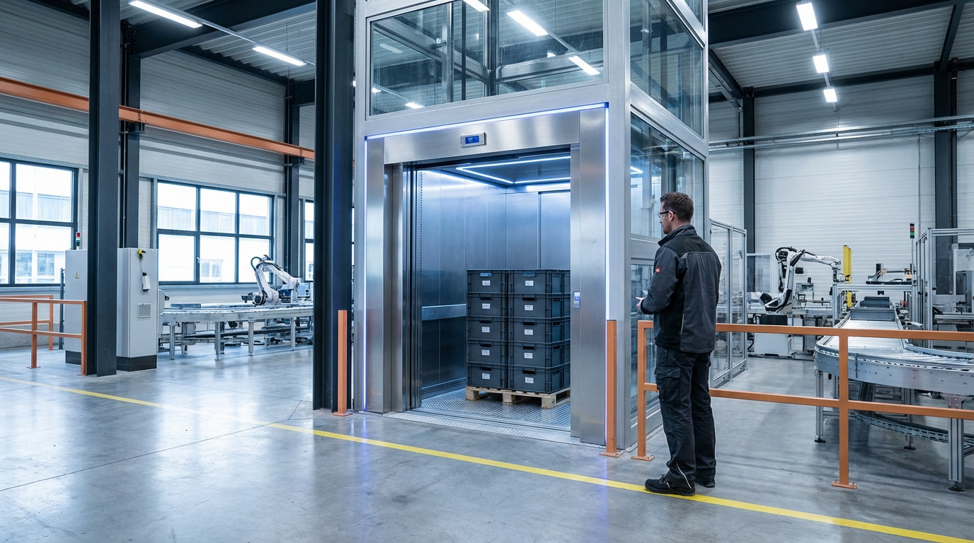 Monte-charge industriel moderne, cabine vitrée et métallique. Un homme debout face à l'entrée. À l'intérieur, des caisses sur une palette. Fond usine automatisée.
