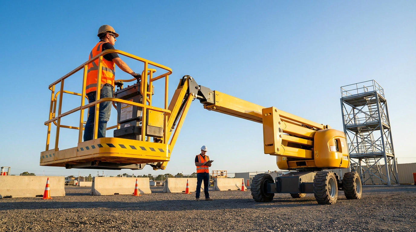 Un opérateur en équipement de sécurité manœuvre une nacelle élévatrice jaune sur un chantier, supervisé par un autre travailleur.