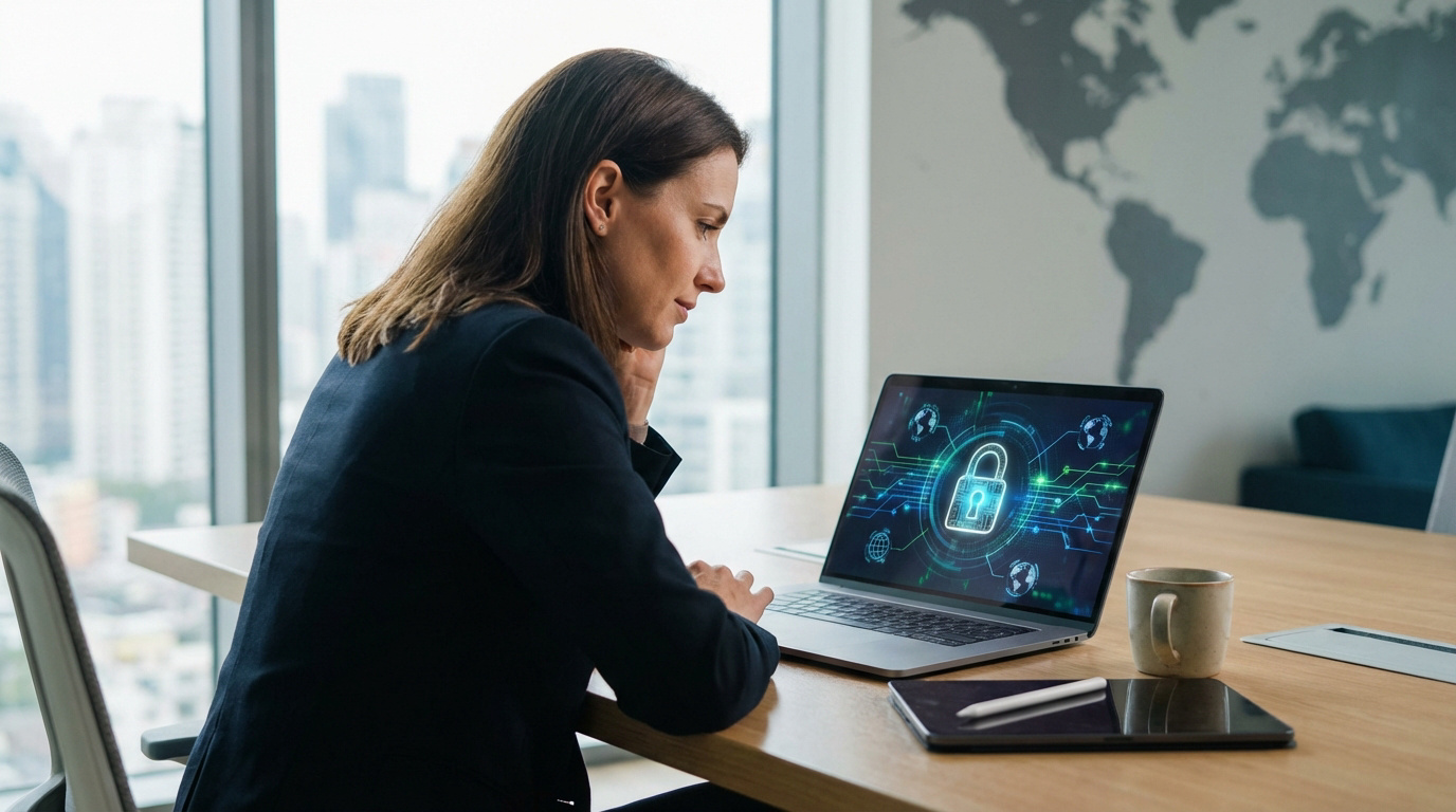 Femme regarde un laptop affichant un cadenas numérique, symbolisant la sécurité des virements internationaux dans un bureau moderne.