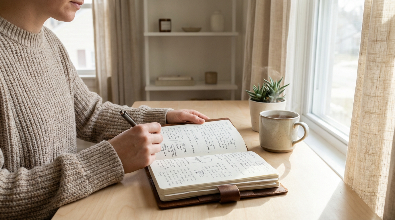 Une personne en pull tricoté écrit dans un journal en cuir, près d'une tasse fumante et d'une plante verte, devant une fenêtre.