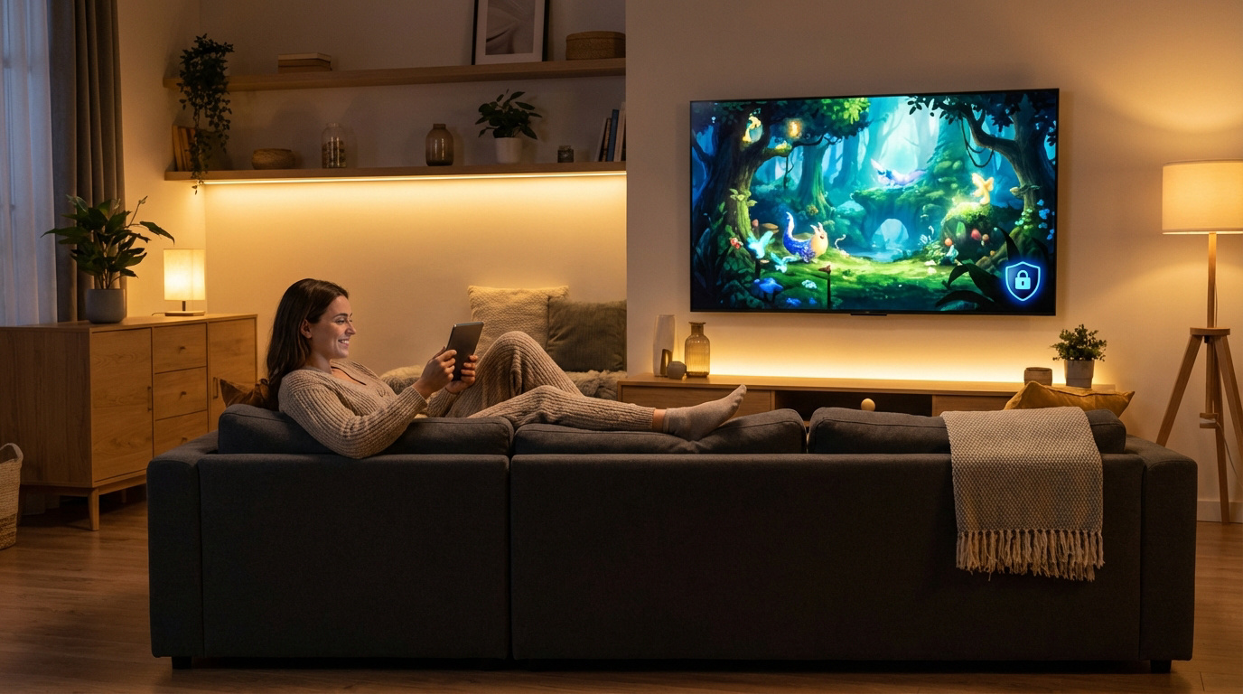 Femme souriante allongée sur un canapé, utilisant une tablette, avec une TV diffusant un contenu fantastique et un cadenas de sécurité.