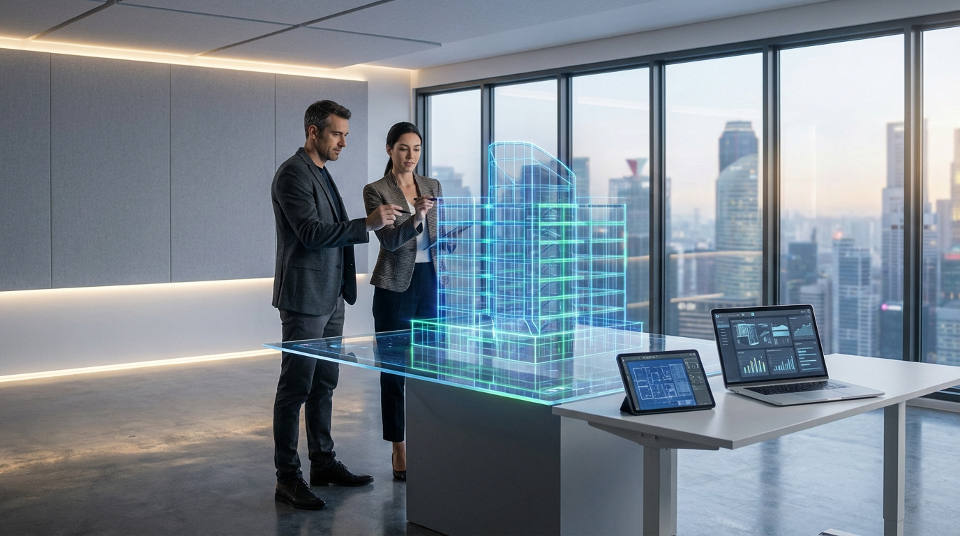 Deux architectes examinent un modèle holographique 3D d'un bâtiment moderne, avec vue sur une ville et outils numériques.