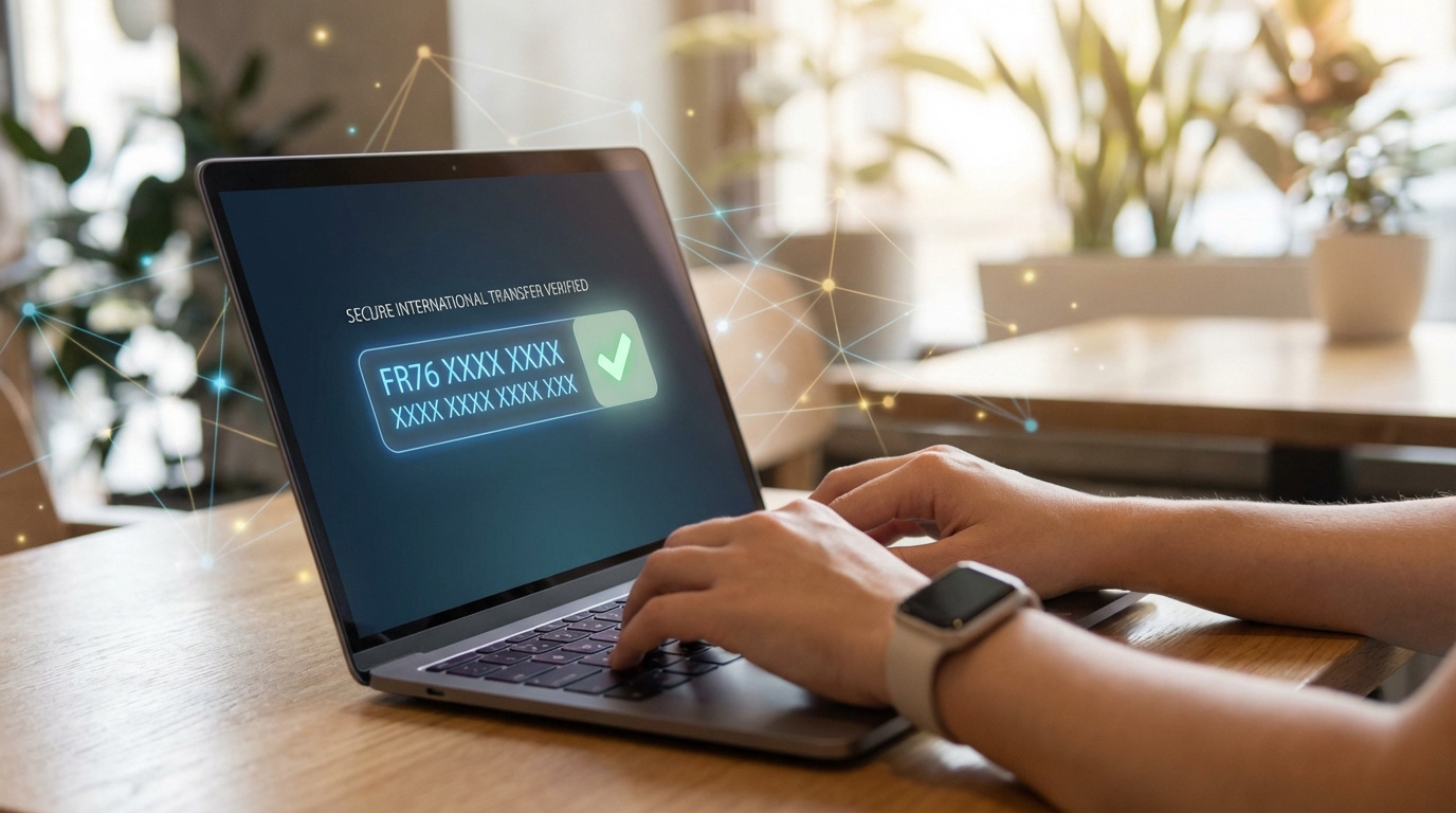Personne saisissant un IBAN sur un ordinateur portable, avec l'écran affichant une vérification de virement international sécurisé.
