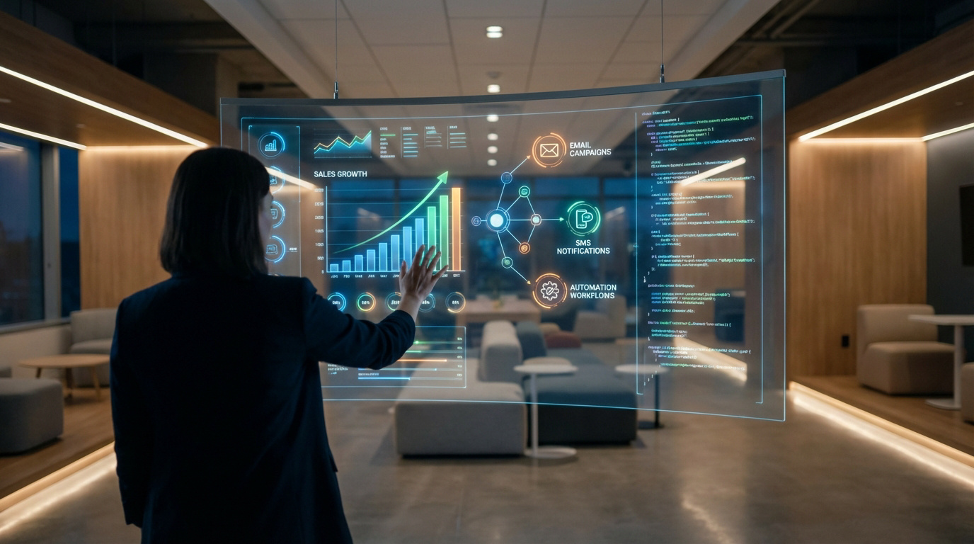Une femme interagit avec un écran holographique affichant la croissance des ventes, les campagnes d'email et SMS, et les workflows d'automatisation.