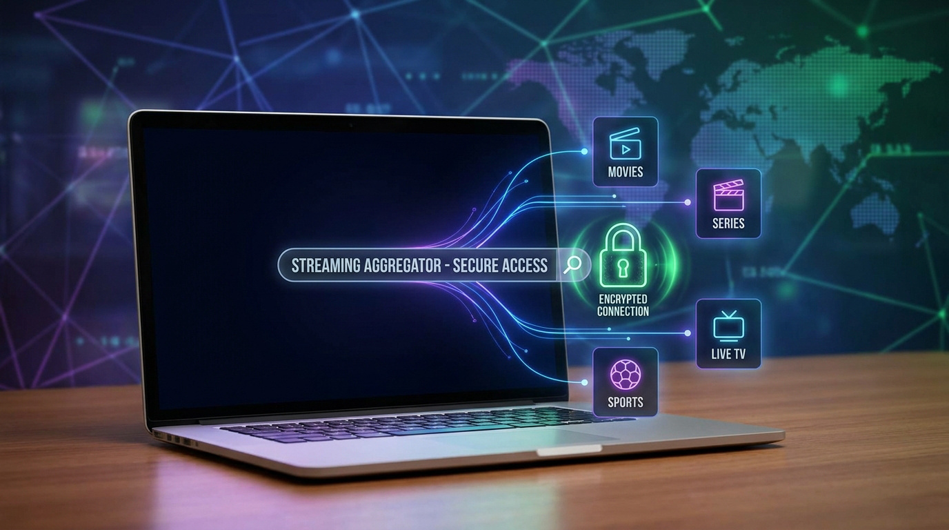 Un ordinateur portable affiche "STREAMING AGGREGATOR - SECURE ACCESS" avec des icônes de films, séries, TV en direct, sports et un cadenas "ENCRYPTED CONNECTION" sur un fond numérique.