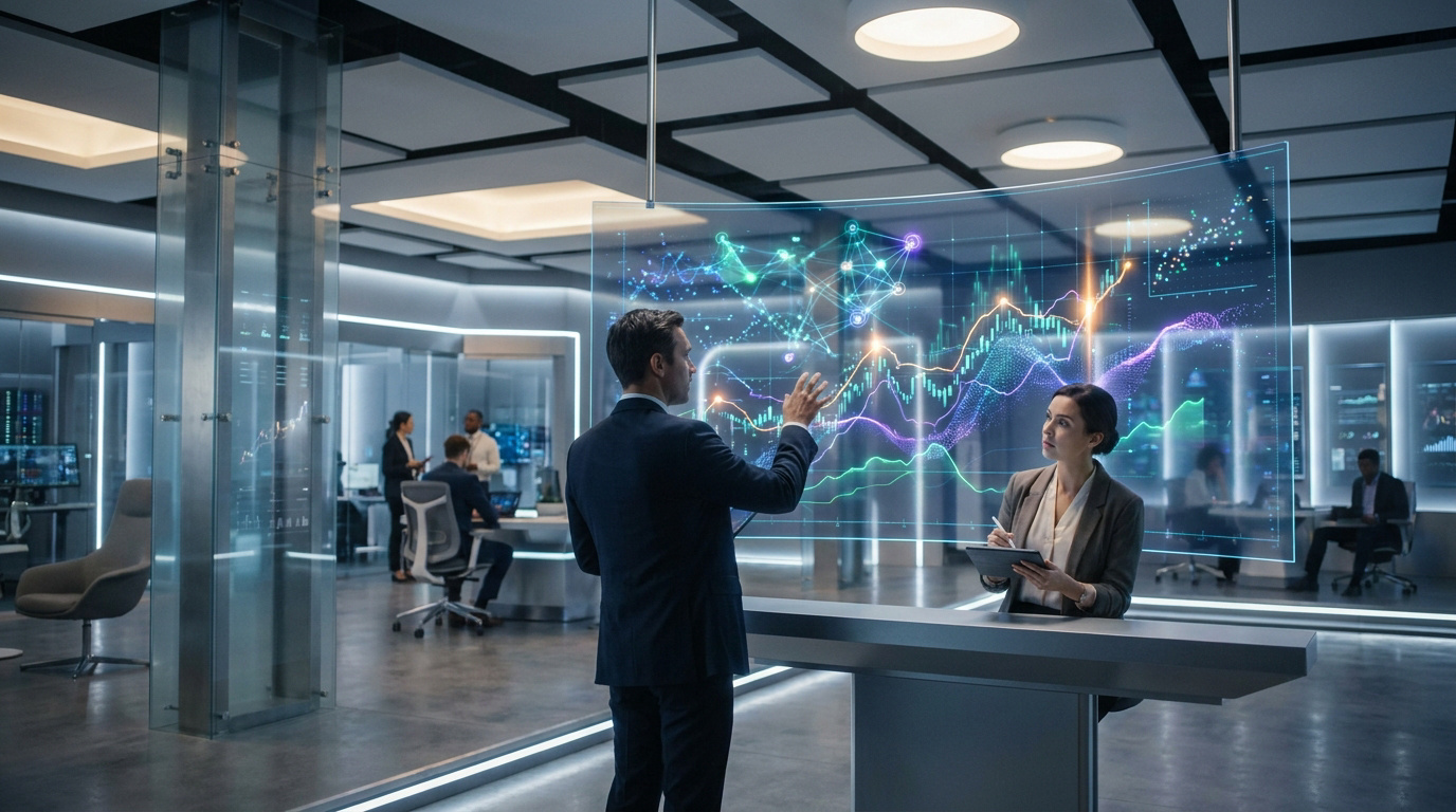 Un homme interagit avec un grand écran holographique affichant des données financières et une femme prend des notes dans un bureau moderne.