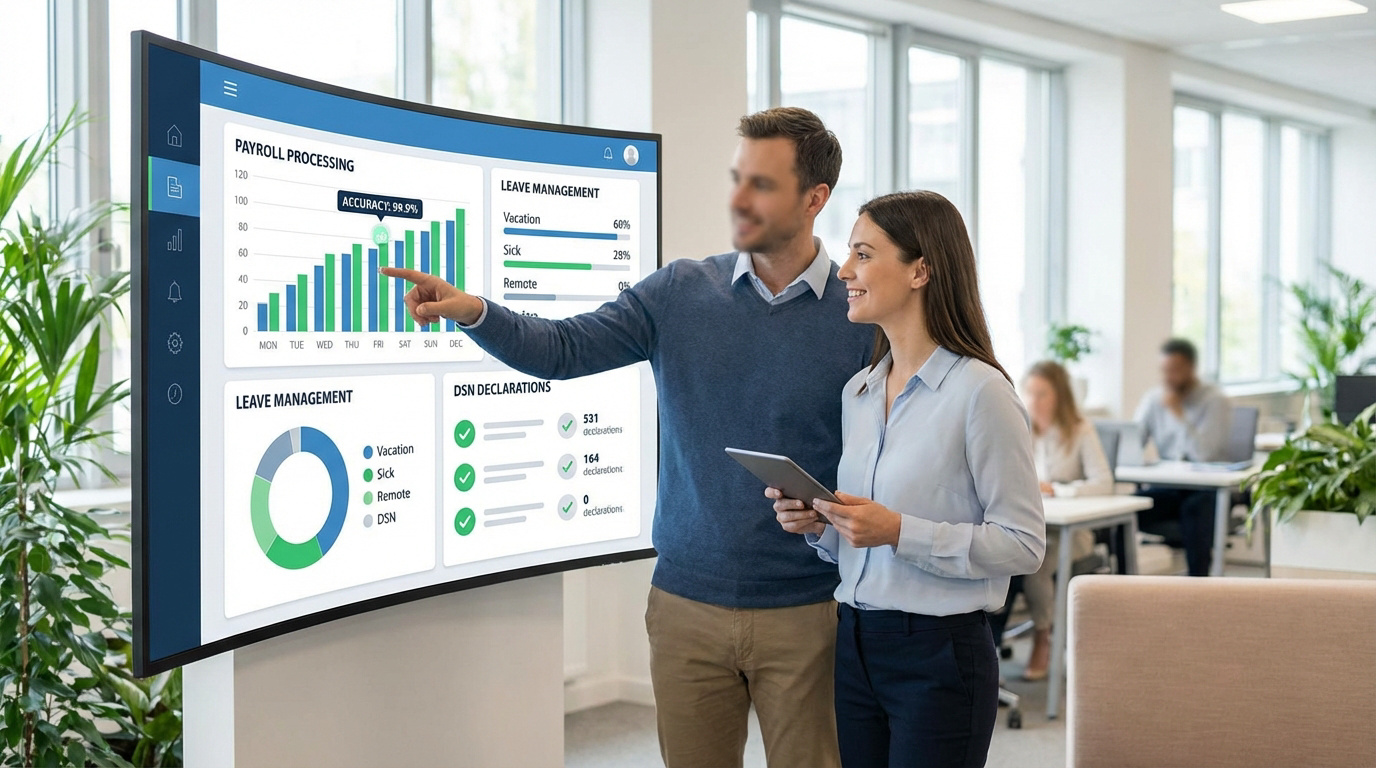 Deux collègues consultent un tableau de bord interactif sur grand écran, affichant des données de gestion RH, paie et congés.