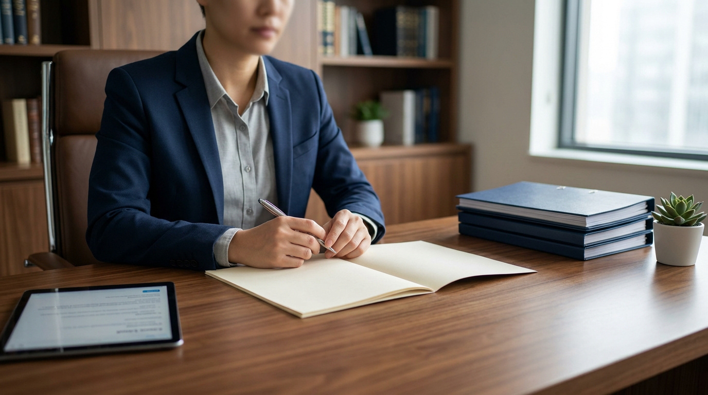 Personne en blazer et chemise rédigeant dans un carnet sur un bureau en bois. Tablette, dossiers et plante complètent le décor.