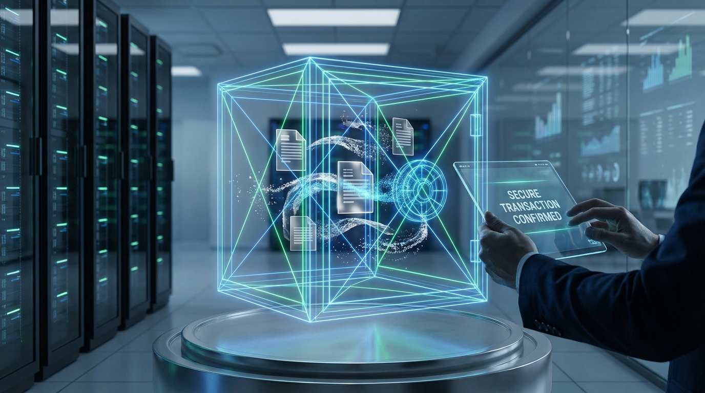 Homme avec tablette "Transaction sécurisée" dans un datacenter. Un cube lumineux représente des documents numériques sécurisés.