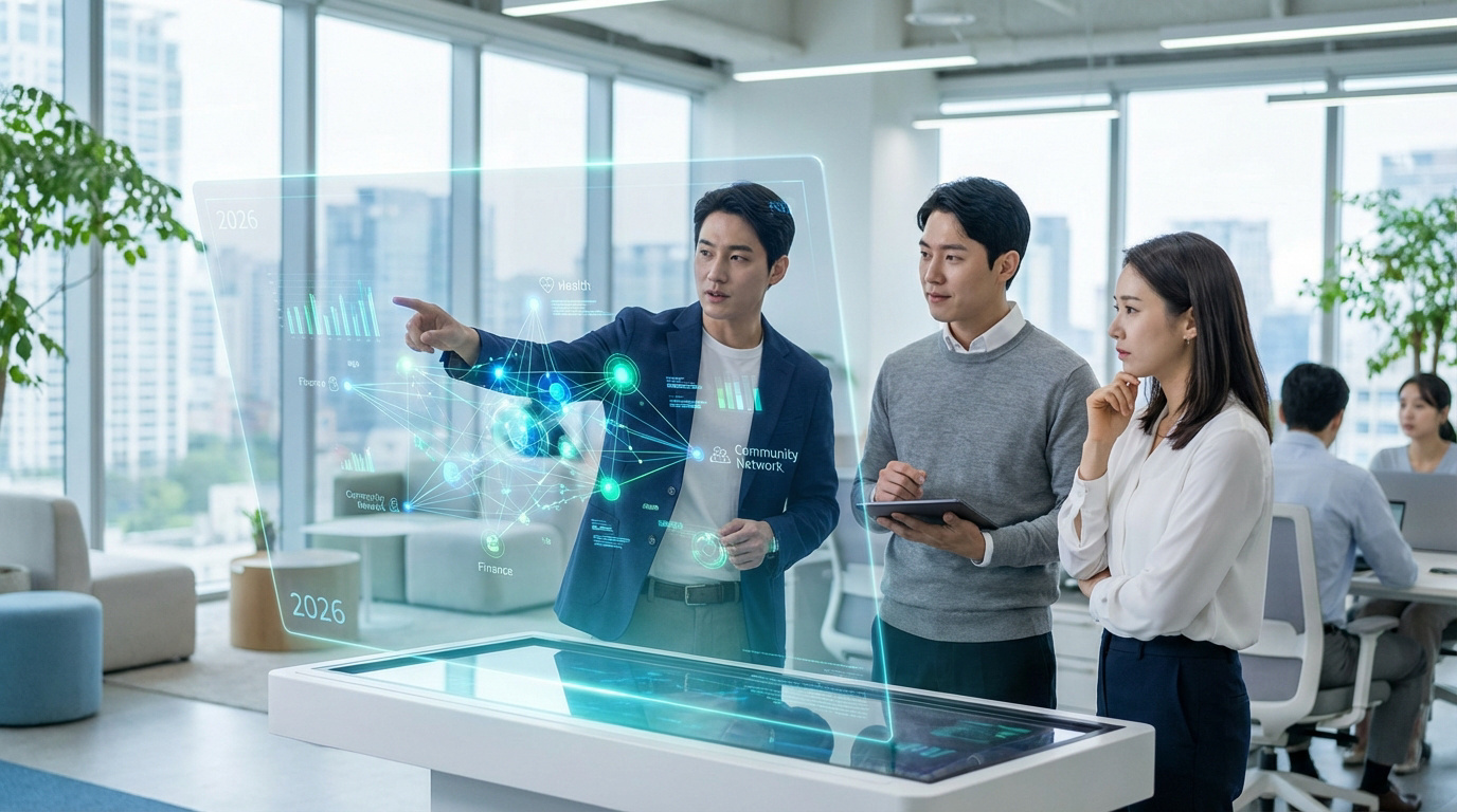 Trois professionnels devant un écran holographique interactif affichant des données sur la santé, les finances et un réseau communautaire en 2026.