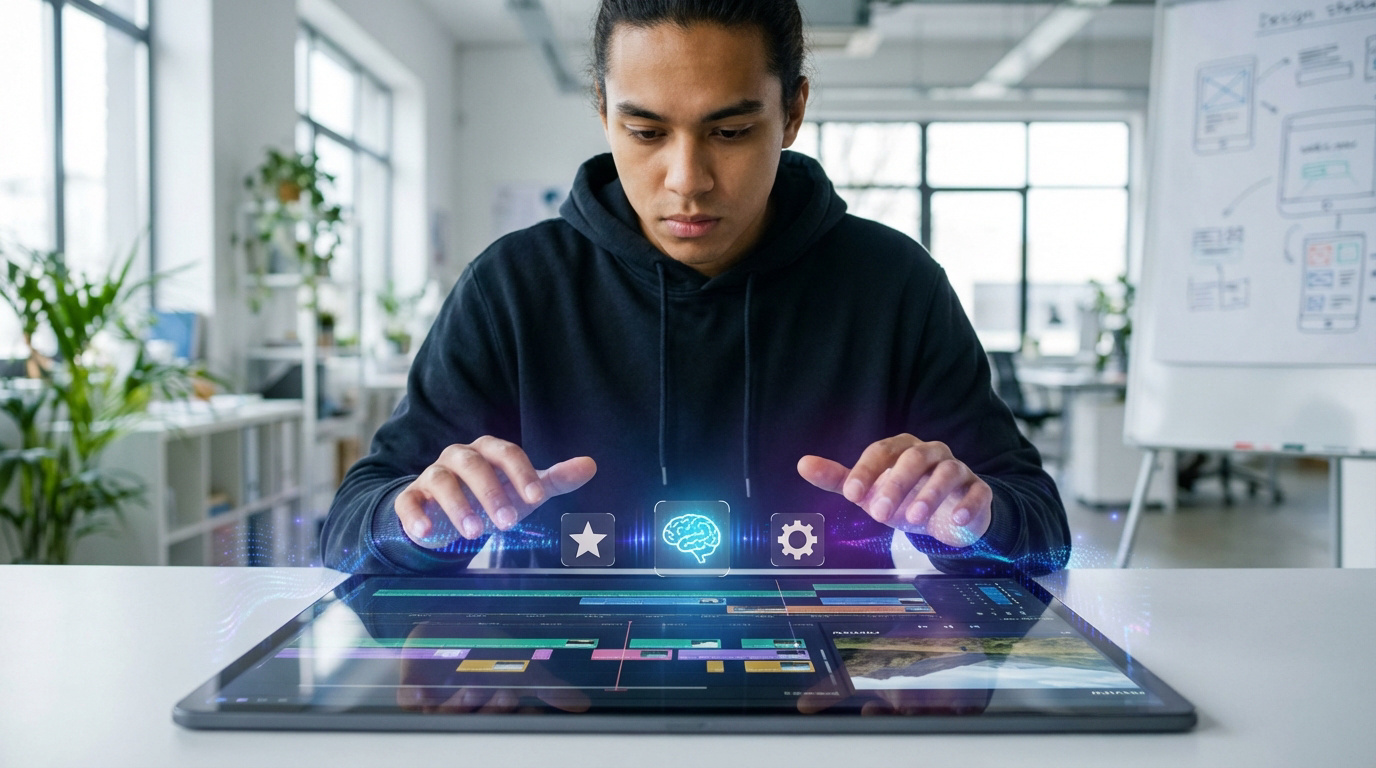 Un jeune homme utilise une tablette futuriste pour monter une vidéo CapCut, avec des icônes holographiques d'IA et d'outils.