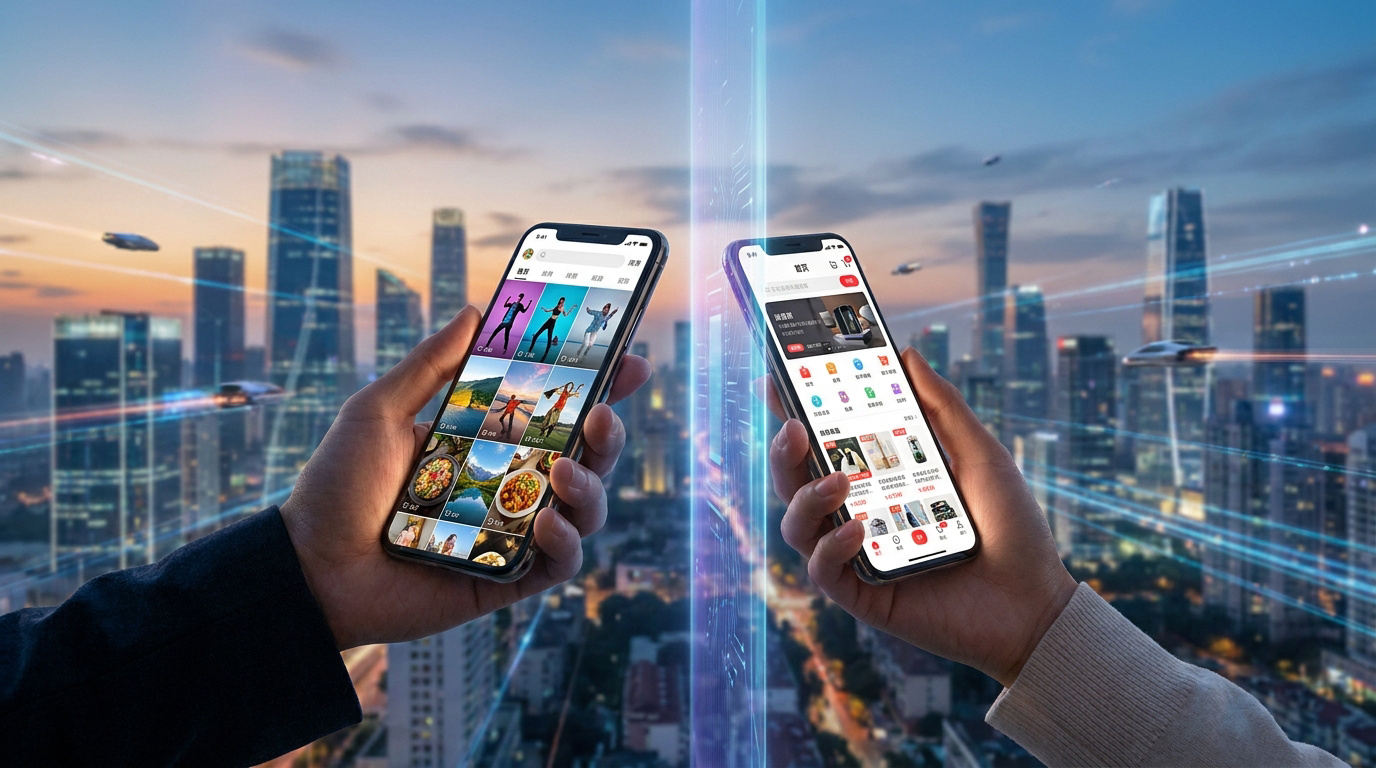Deux mains tiennent des smartphones. L'un affiche des vidéos, l'autre des produits e-commerce. Un faisceau lumineux les relie dans une ville futuriste avec des véhicules volants.