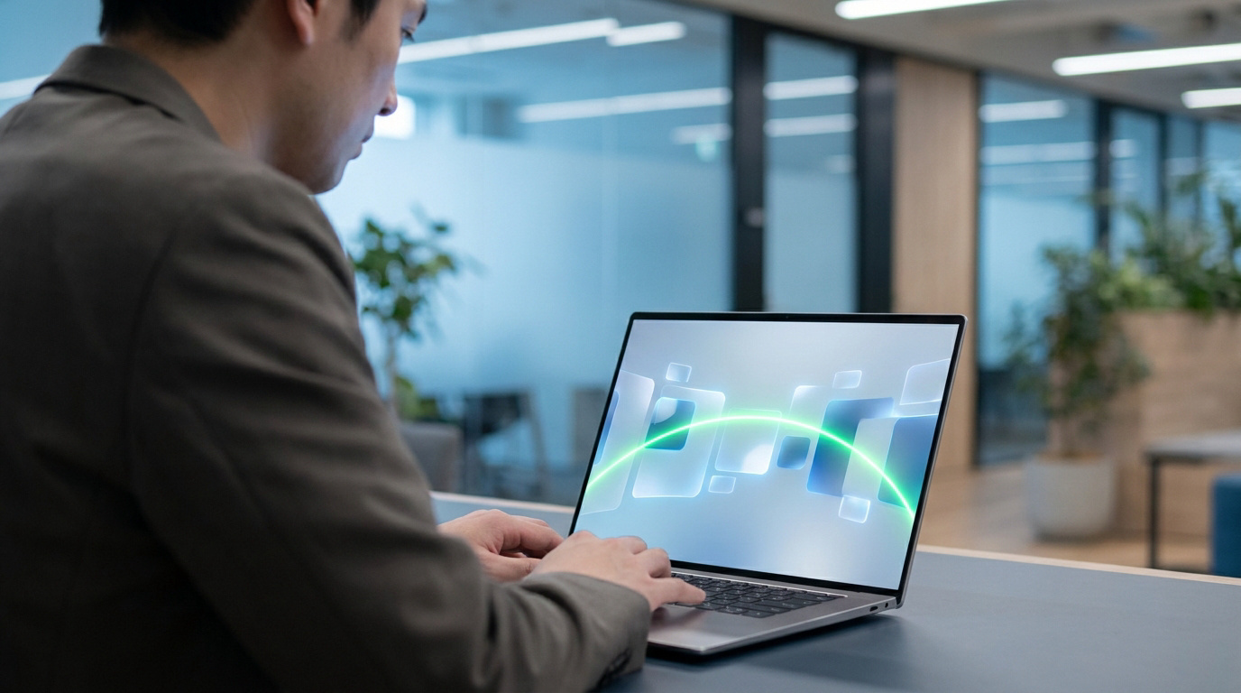 Vue de dos d'un homme tapant sur un laptop avec un écran lumineux montrant des éléments graphiques connectés, dans un bureau moderne.